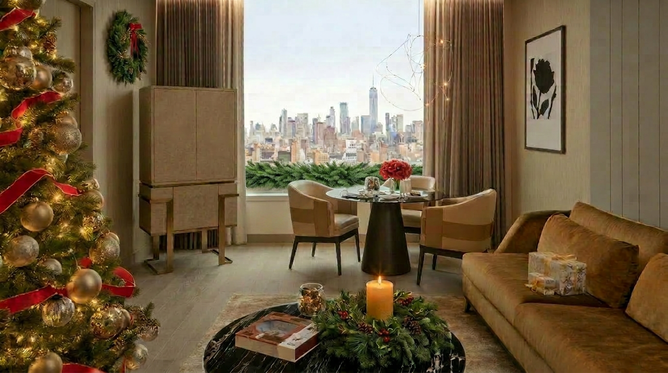 Ritz-Carlton NoMad suite — holiday tree with gold ornaments, dining vignette, and Manhattan skyline view