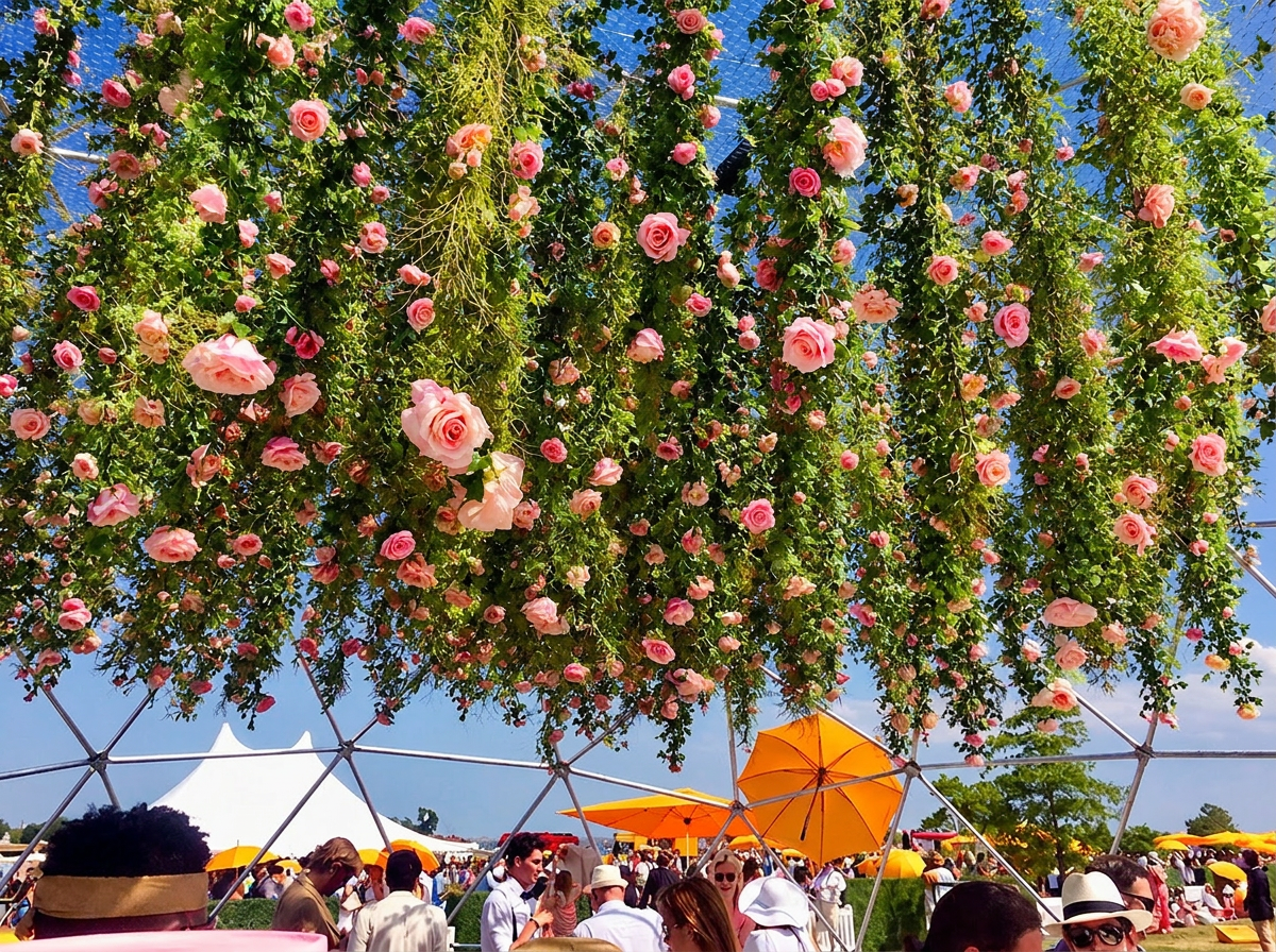 Veuve Clicquot Rose Garden — geodesic dome canopy of cascading pink roses above guests and signature yellow umbrellas