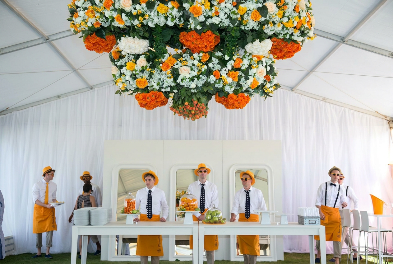 Veuve Clicquot hospitality activation — suspended floral chandelier above a white service station with team in orange aprons