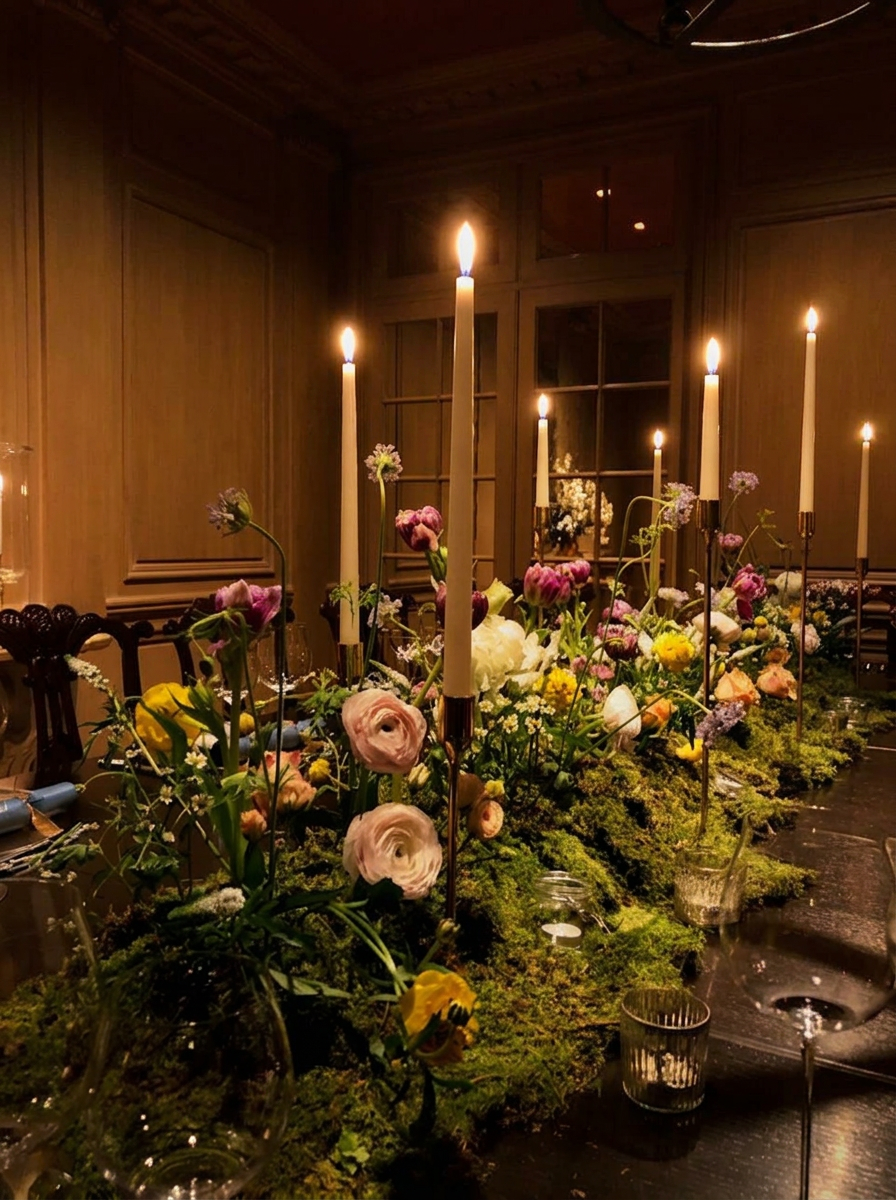 Candlelit private dinner — tapered candles rising from a mossy floral runner of ranunculus, tulips, and wildflowers in a paneled dining room
